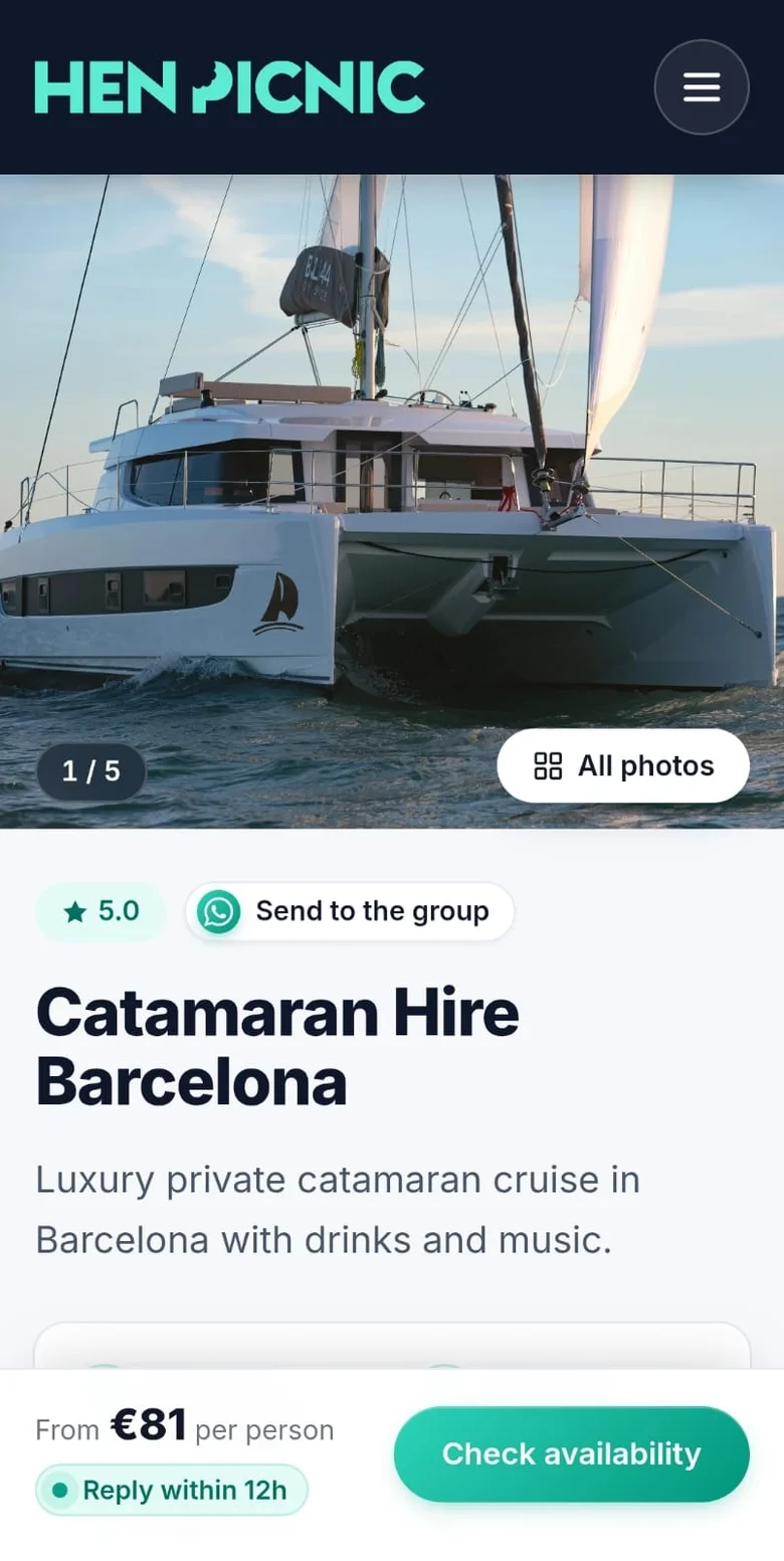 Hen Picnic Barcelona catamaran page on a phone